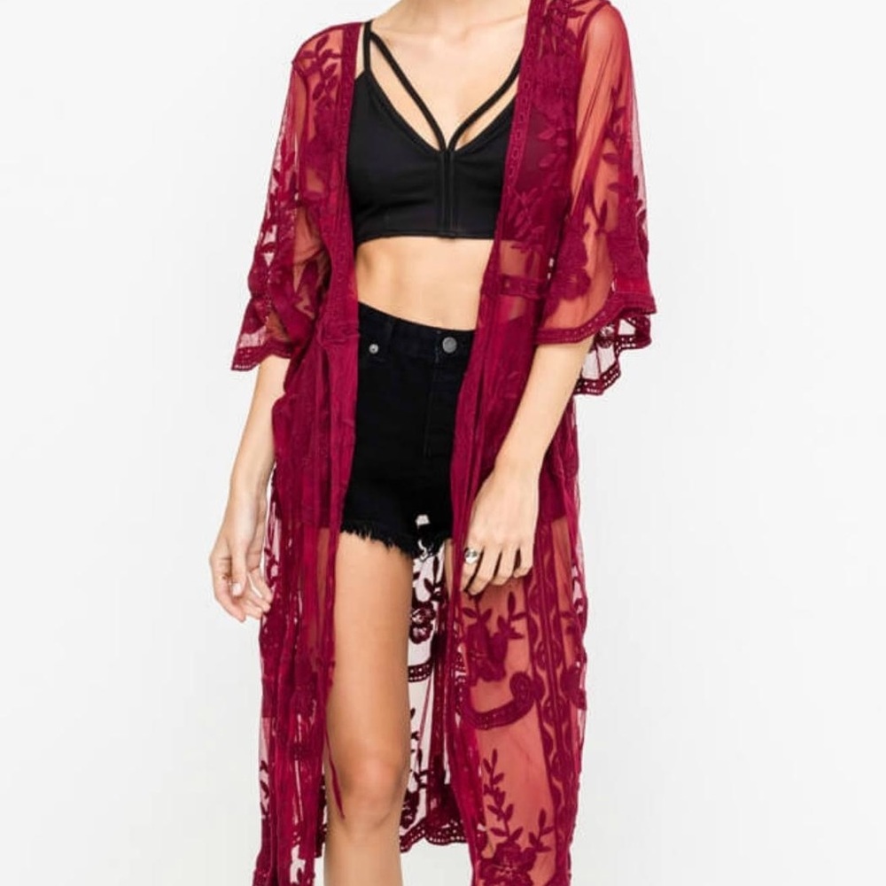 Burgundy lace embroidered duster kimono - Picture 3 of 6